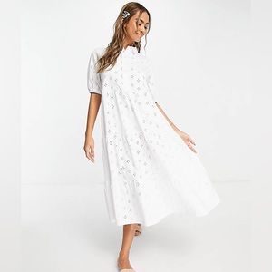 asos design broderie midi tiered shirt dress with short sleeves in white